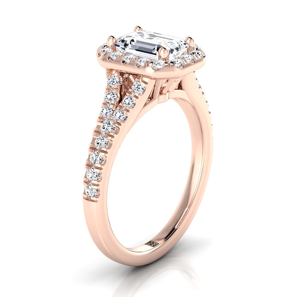 European Cut, Petite Split Shank Halo Emerald, in 14K Rose Gold, pave setting – side profile | RockHer