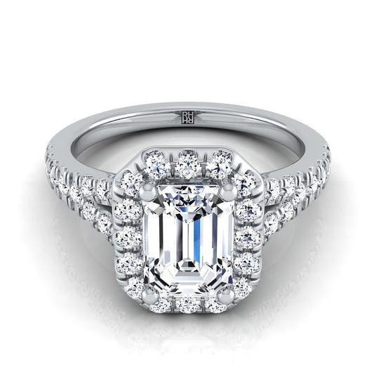 European Cut, Petite Split Shank Halo Emerald, in Platinum, pave setting | RockHer