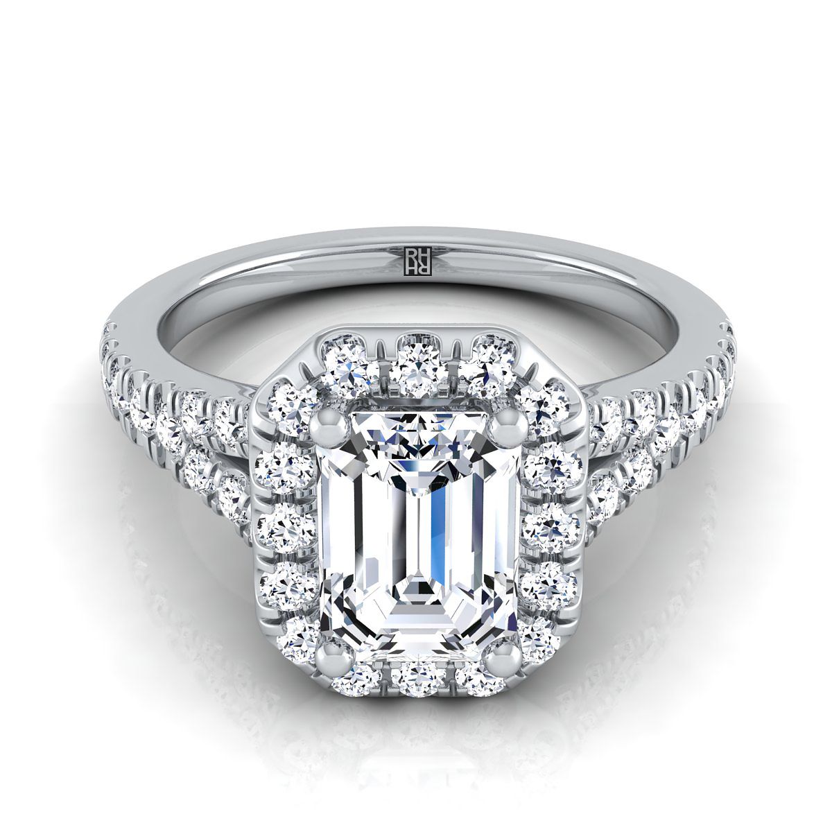 European Cut, Petite Split Shank Halo Emerald, in 18K White Gold, pave setting | RockHer