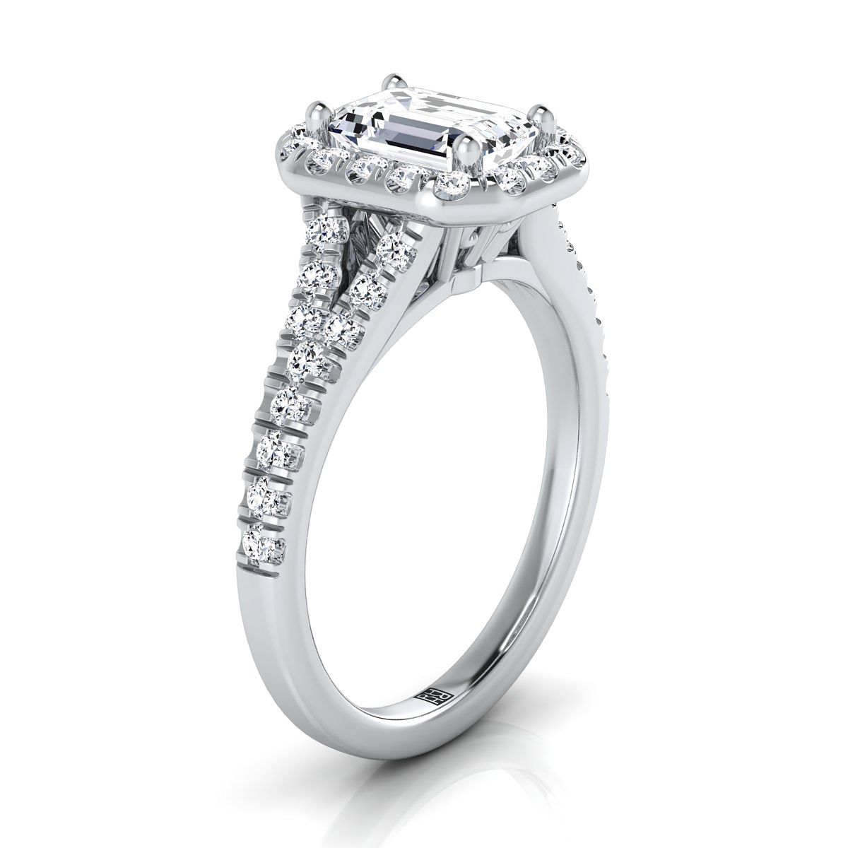 European Cut, Petite Split Shank Halo Emerald, in Platinum, pave setting – side profile | RockHer