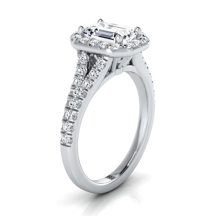 European Cut, Petite Split Shank Halo Emerald, in Platinum, pave setting – side profile | RockHer