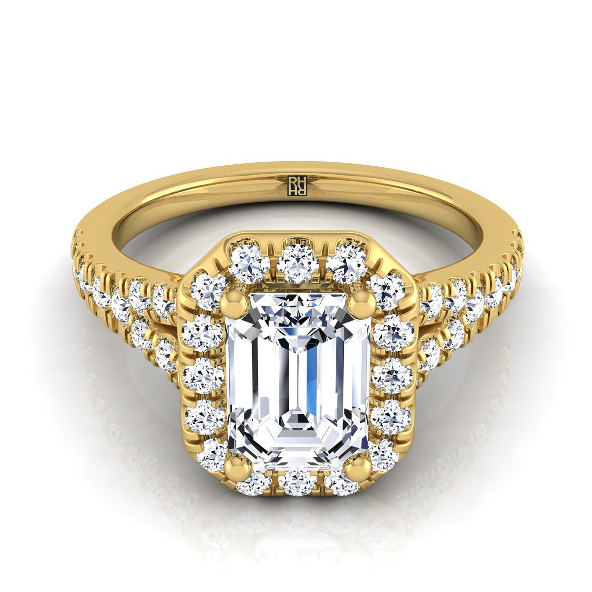 แหวนหมั้นเพชรทรงสี่เหลี่ยมมรกตทองคำเหลือง 18K แบบหนามเตยเรียบพร้อมฮาโลและแถบแยกเล็กประดับเพชร 1/2ctw