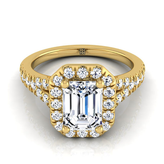 European Cut, Petite Split Shank Halo Emerald, in 18K Yellow Gold, pave setting | RockHer