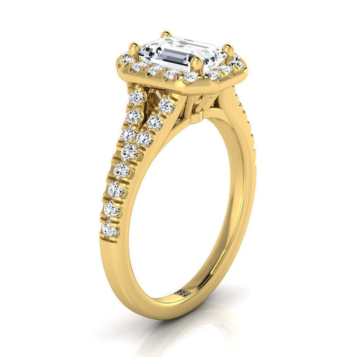 European Cut, Petite Split Shank Halo Emerald, in 18K Yellow Gold, pave setting – side profile | RockHer