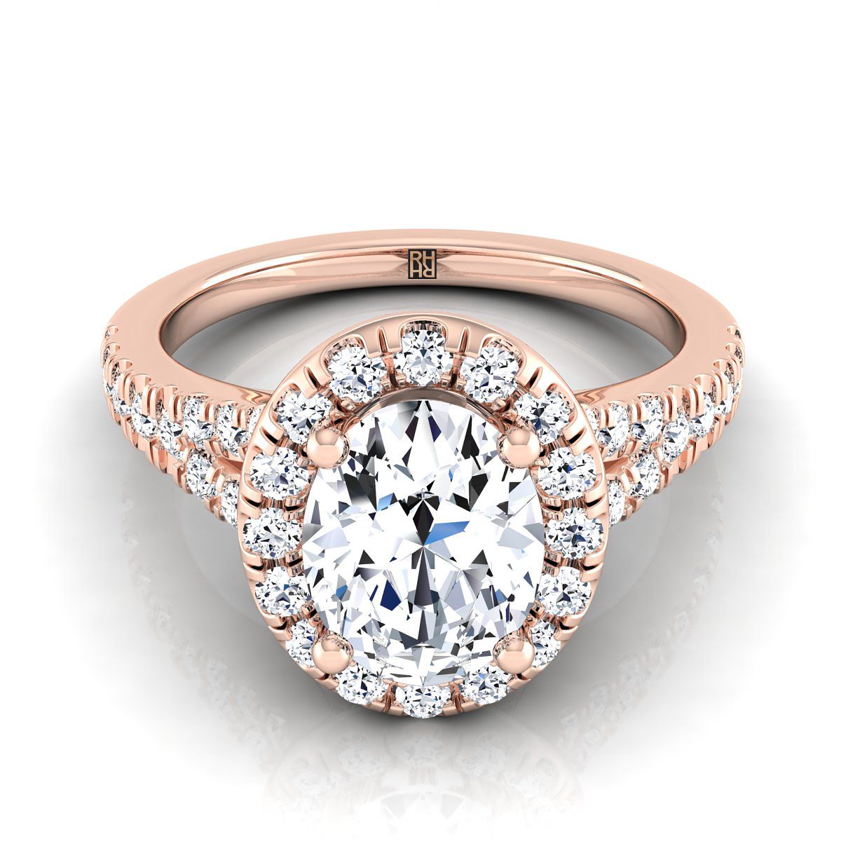 Petite Split Shank Halo Oval, in 14K Rose Gold, pave setting | RockHer