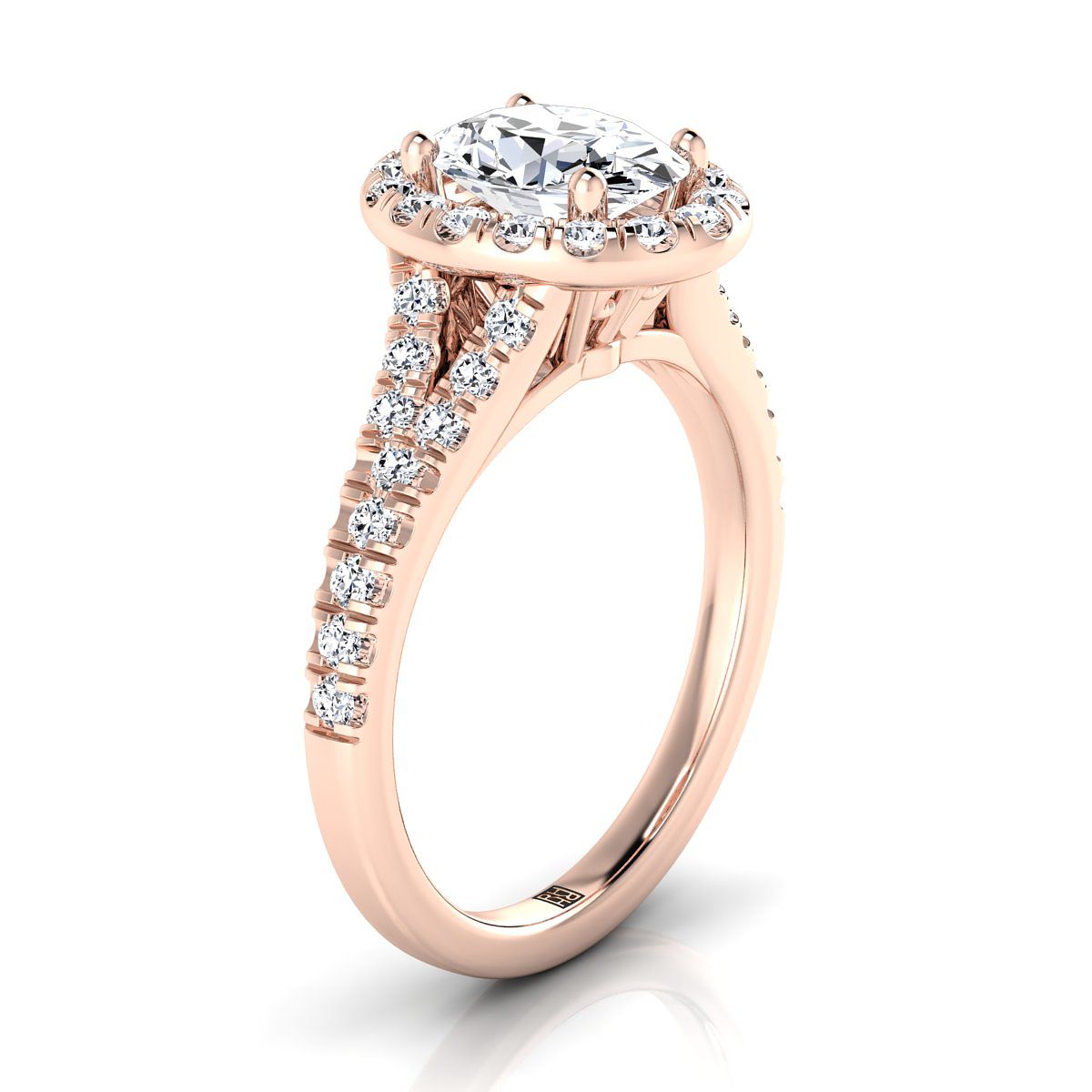 Petite Split Shank Halo Oval, in 14K Rose Gold, pave setting – side profile | RockHer