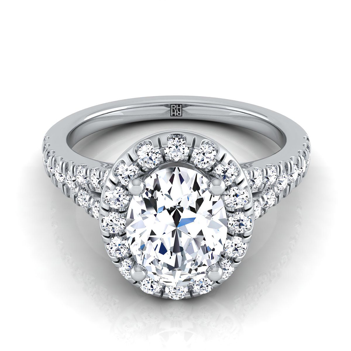 Petite Split Shank Halo Oval, in Platinum, pave setting | RockHer