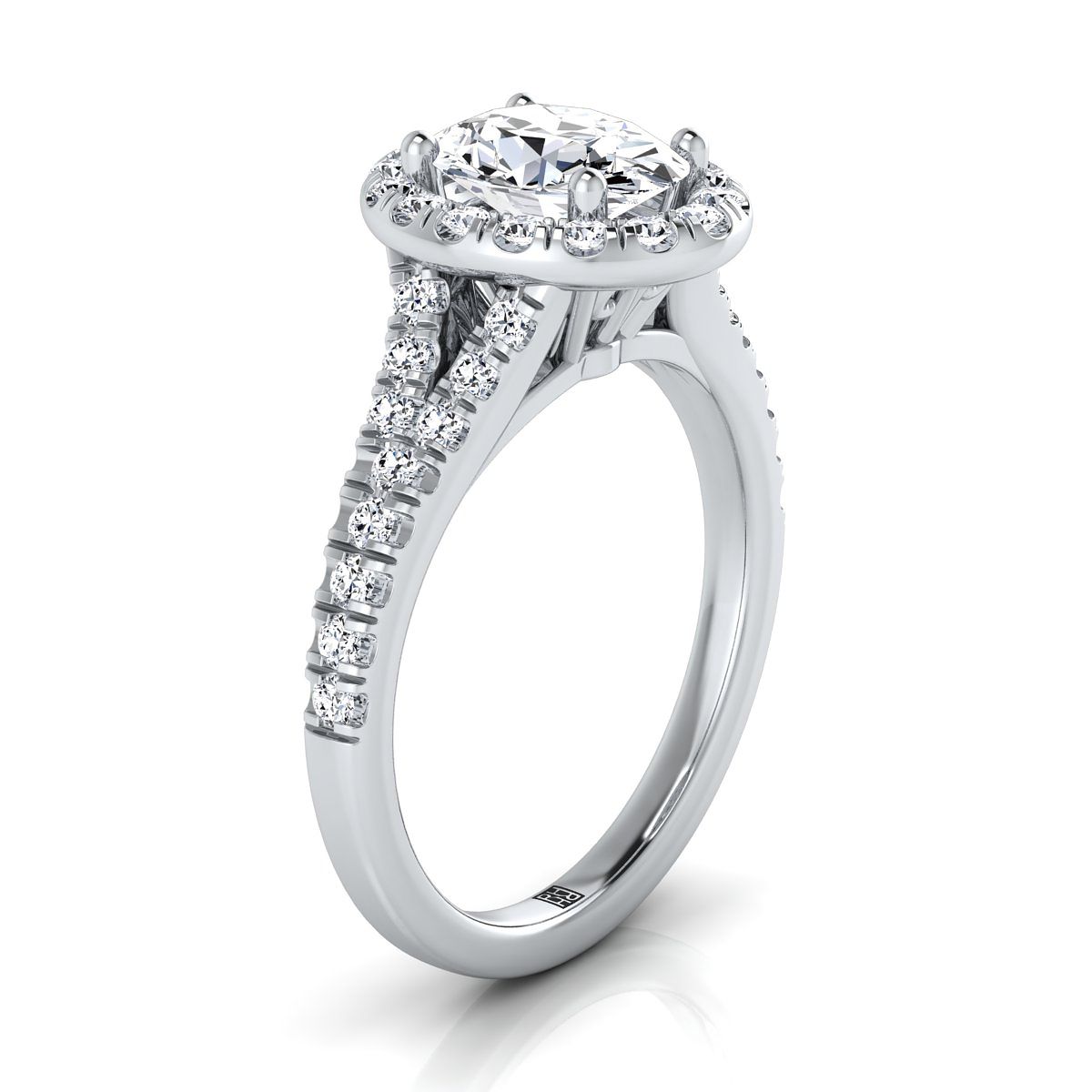 Petite Split Shank Halo Oval, in Platinum, pave setting – side profile | RockHer