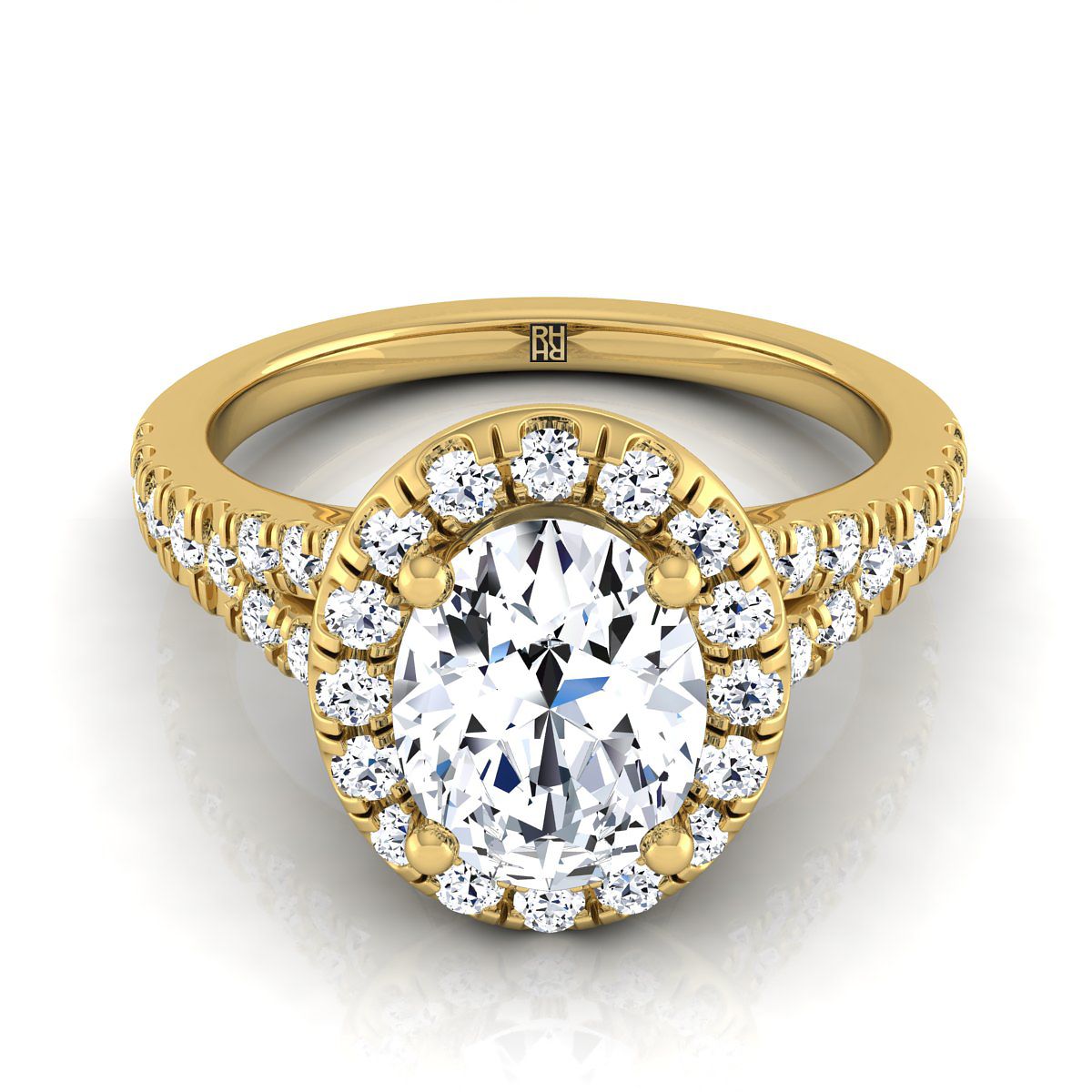 Petite Split Shank Halo Oval, in 18K Yellow Gold, pave setting | RockHer
