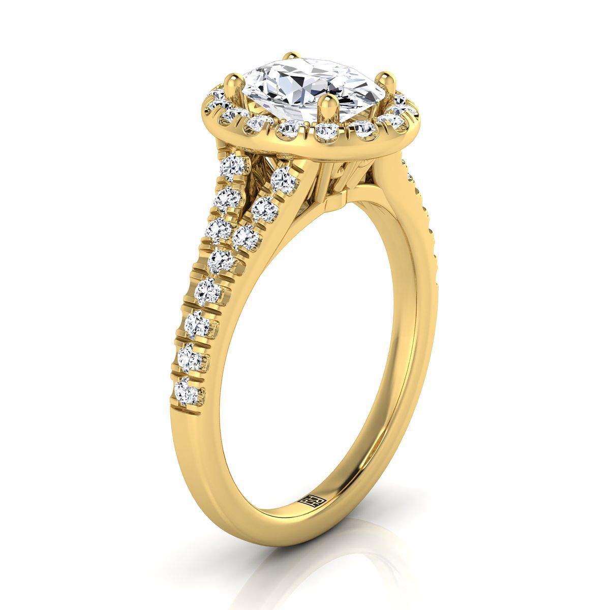 Petite Split Shank Halo Oval, in 18K Yellow Gold, pave setting – side profile | RockHer