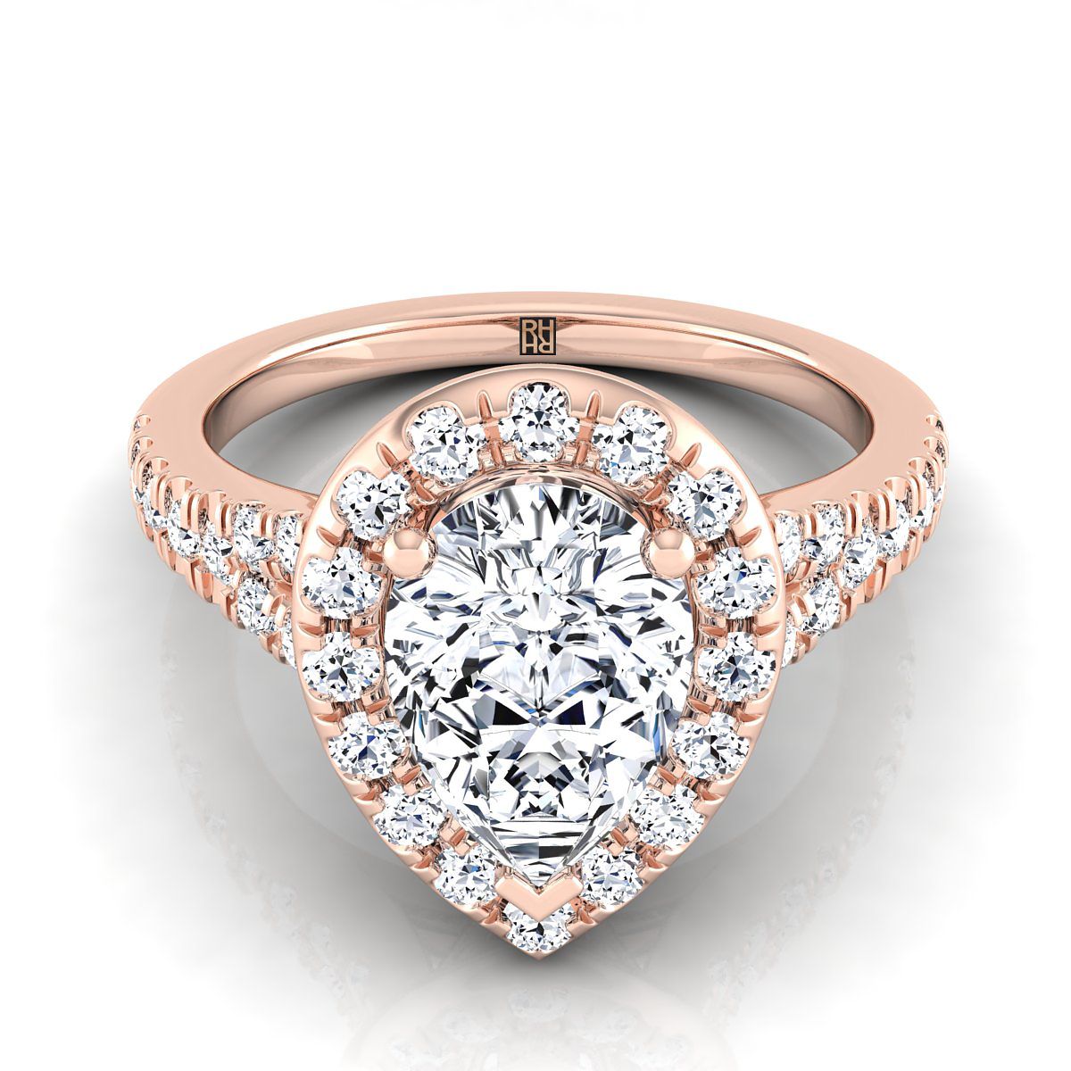 Petite Split Shank Halo Pear Shape, in 14K Rose Gold, pave setting | RockHer