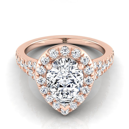 Petite Split Shank Halo Pear Shape, in 14K Rose Gold, pave setting | RockHer