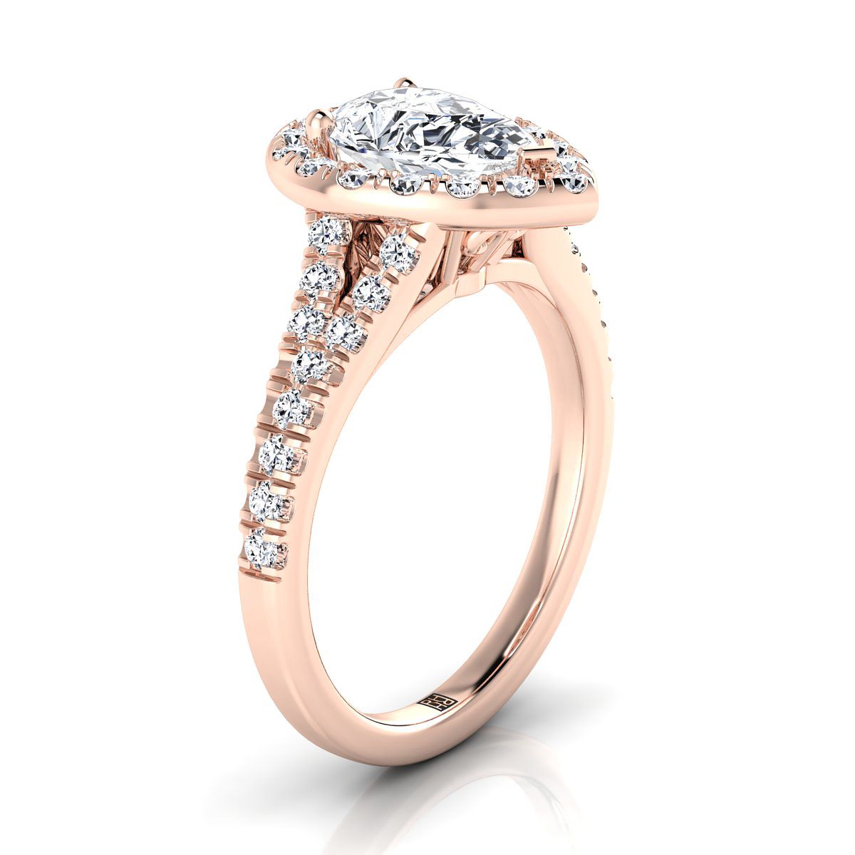Petite Split Shank Halo Pear Shape, in 14K Rose Gold, pave setting – side profile | RockHer
