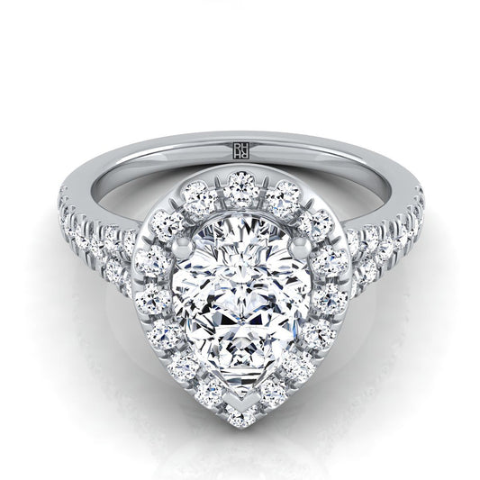 14K White Gold Pear Shape Center Diamond Simple Prong Halo with Petite Split Shank Pave Engagement Ring -1/2ctw