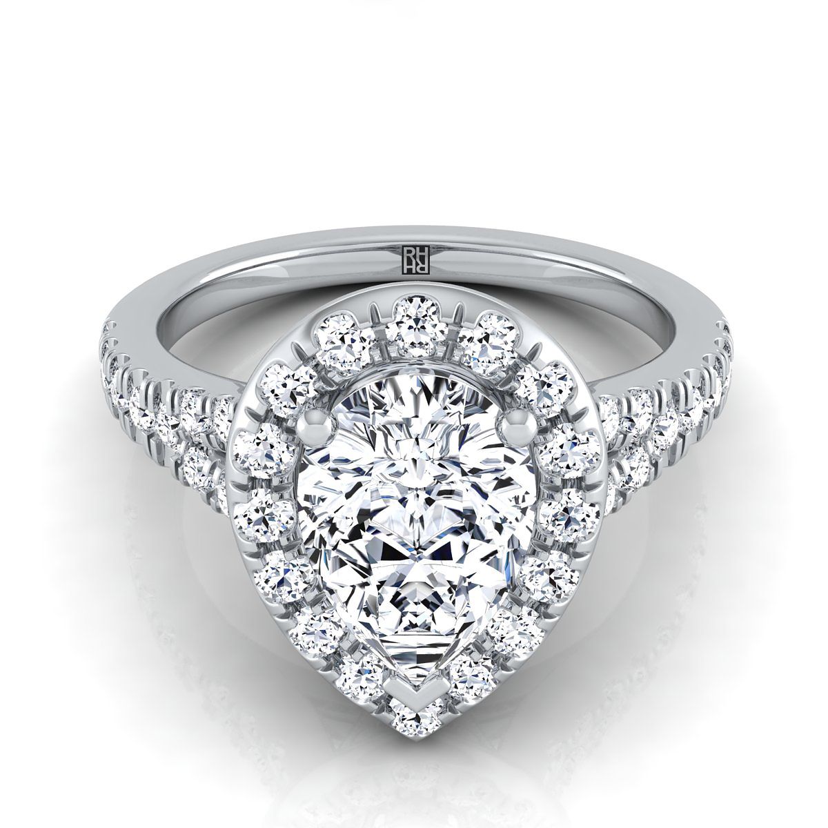 Petite Split Shank Halo Pear Shape, in 18K White Gold, pave setting | RockHer