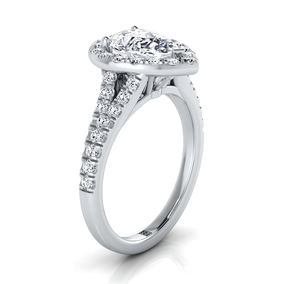 Petite Split Shank Halo Pear Shape, in Platinum, pave setting – side profile | RockHer