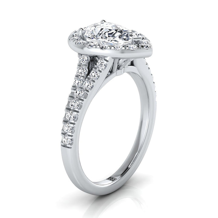 Petite Split Shank Halo Pear Shape, in Platinum, pave setting – side profile | RockHer