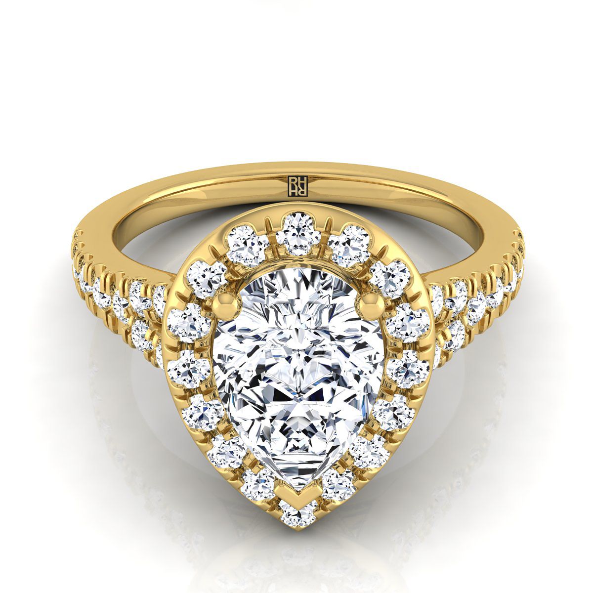 Petite Split Shank Halo Pear Shape, in 18K Yellow Gold, pave setting | RockHer