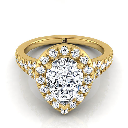 Petite Split Shank Halo Pear Shape, in 18K Yellow Gold, pave setting | RockHer
