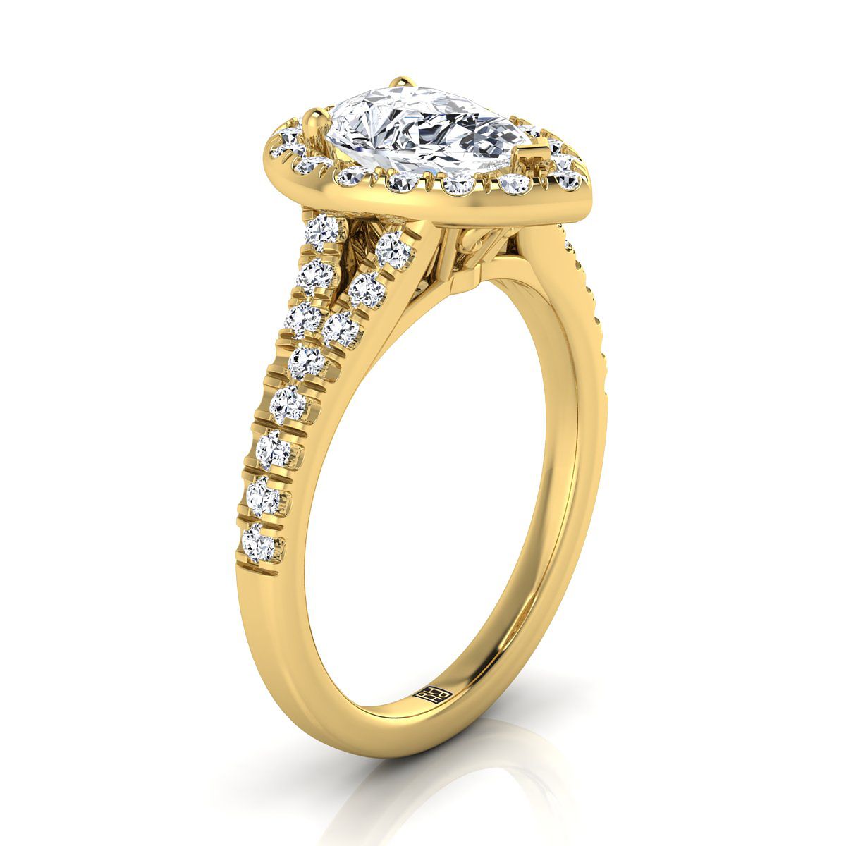 Petite Split Shank Halo Pear Shape, in 18K Yellow Gold, pave setting – side profile | RockHer