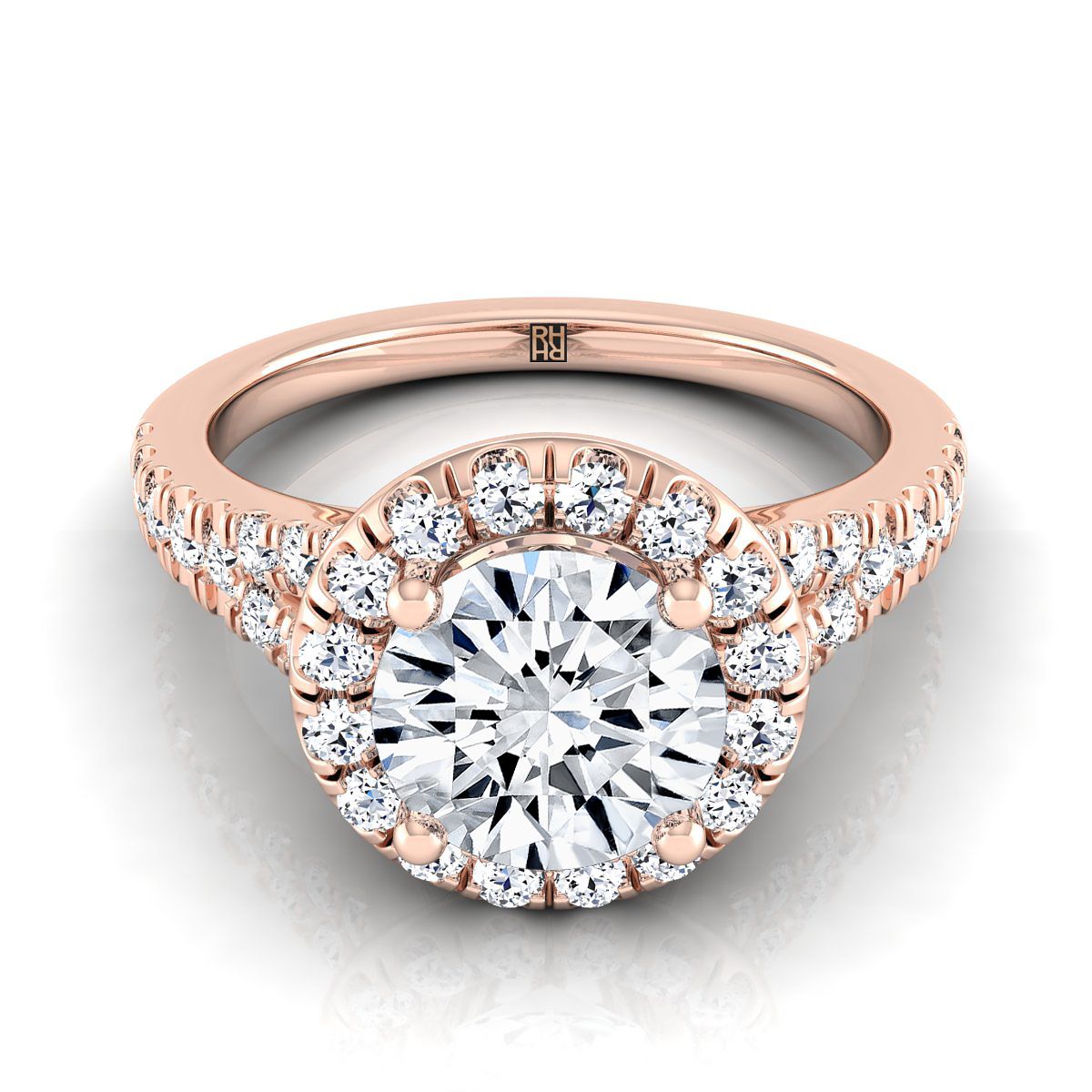 Round Brilliant, Petite Split Shank Halo, in 14K Rose Gold, pave setting – view 8 | RockHer