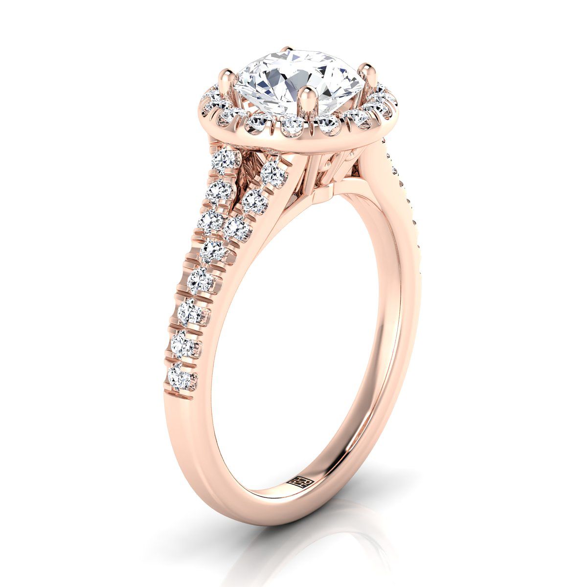 Round Brilliant, Petite Split Shank Halo, in 14K Rose Gold, pave setting – view 9 | RockHer