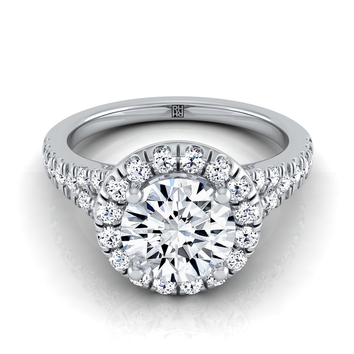 Round Brilliant, Petite Split Shank Halo, in Platinum, pave setting – view 8 | RockHer