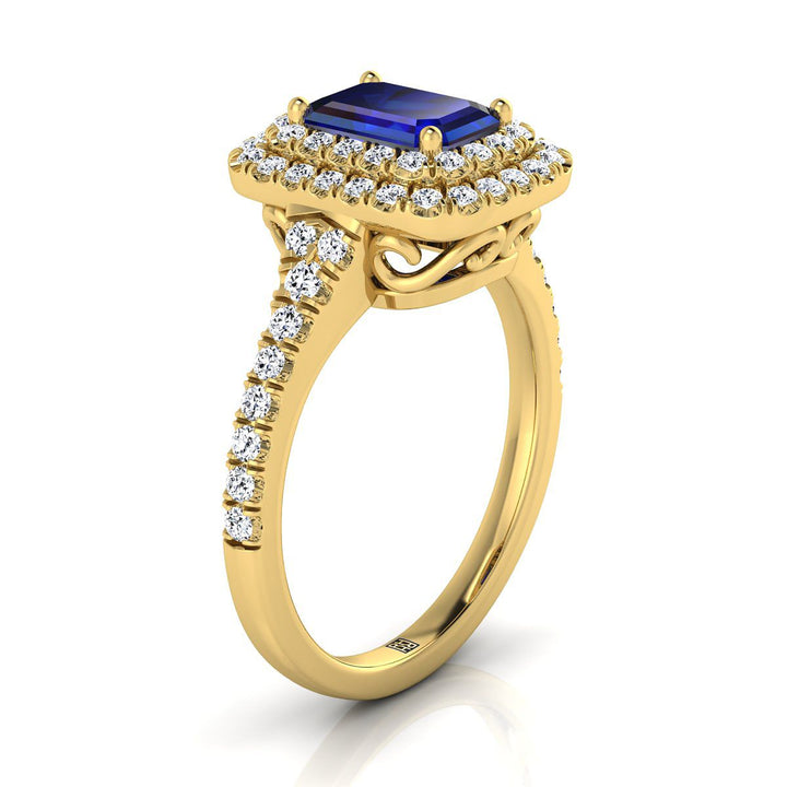 14K Yellow Gold Emerald Cut Sapphire Double Halo with Scalloped Pavé Diamond Engagement Ring -1/2ctw