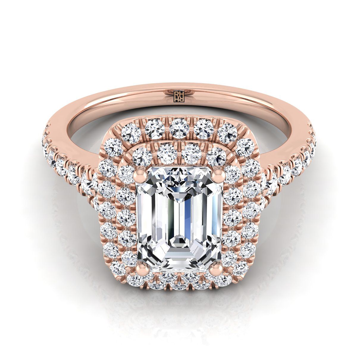 European Cut, Double Scalloped Pavé Halo Emerald, in 14K Rose Gold, pave setting | RockHer