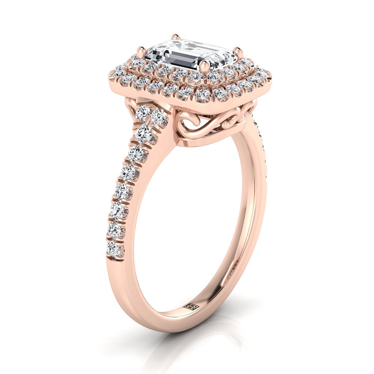 European Cut, Double Scalloped Pavé Halo Emerald, in 14K Rose Gold, pave setting – side profile | RockHer