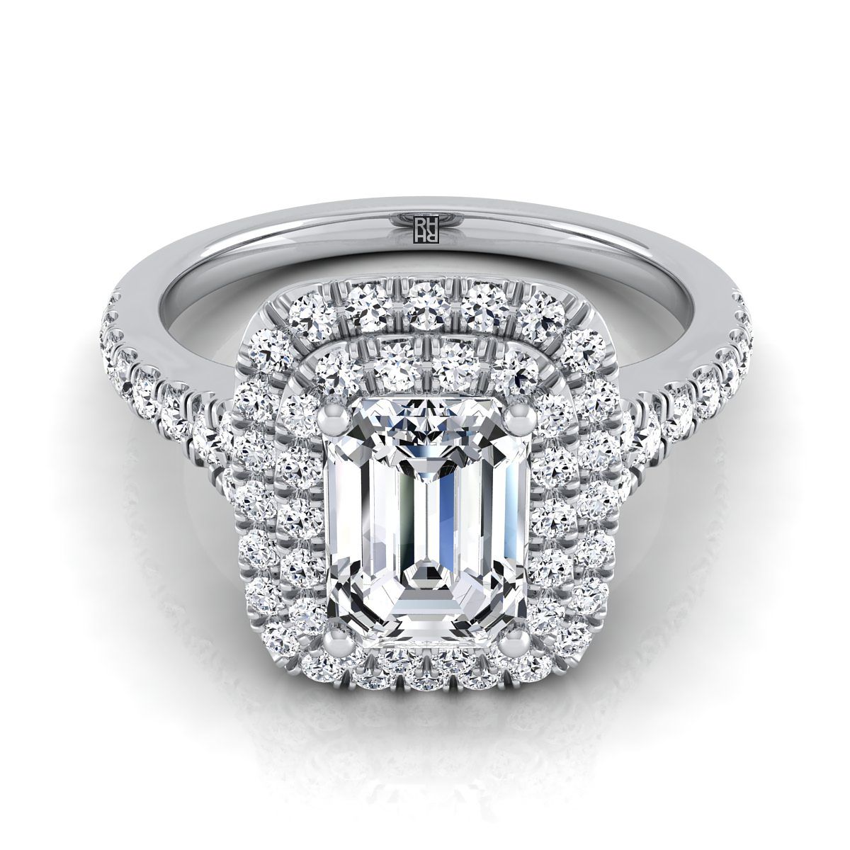 European Cut, Double Scalloped Pavé Halo Emerald, in 18K White Gold, pave setting | RockHer