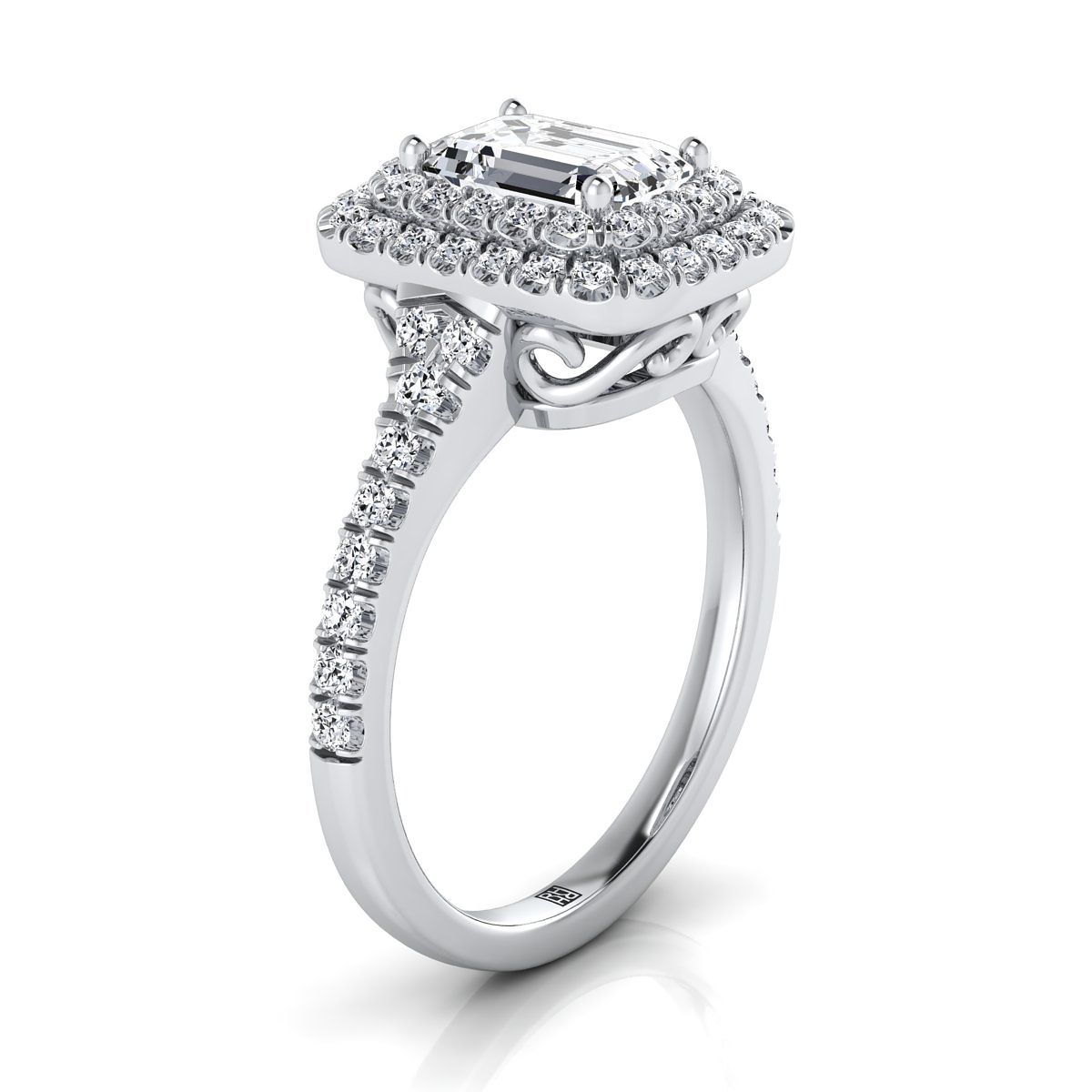 European Cut, Double Scalloped Pavé Halo Emerald, in Platinum, pave setting – side profile | RockHer