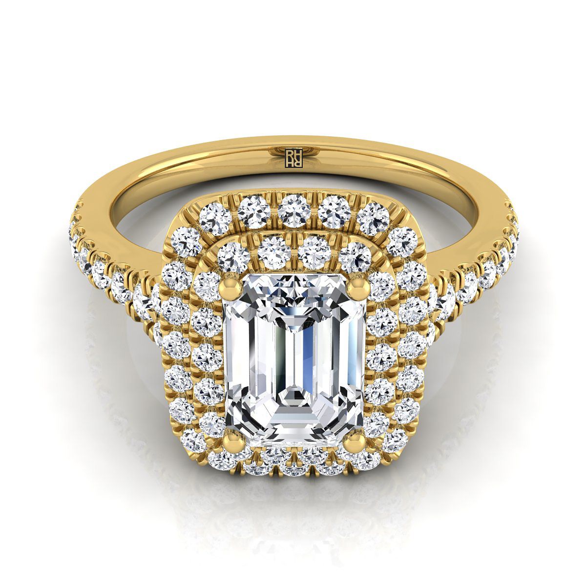 European Cut, Double Scalloped Pavé Halo Emerald, in 18K Yellow Gold, pave setting | RockHer