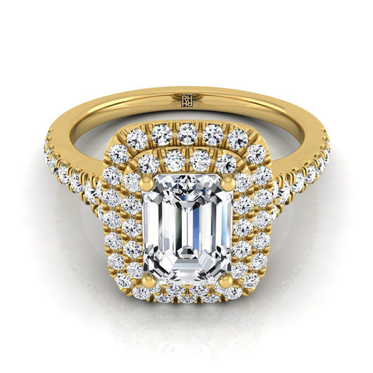 European Cut, Double Scalloped Pavé Halo Emerald, in 18K Yellow Gold, pave setting | RockHer