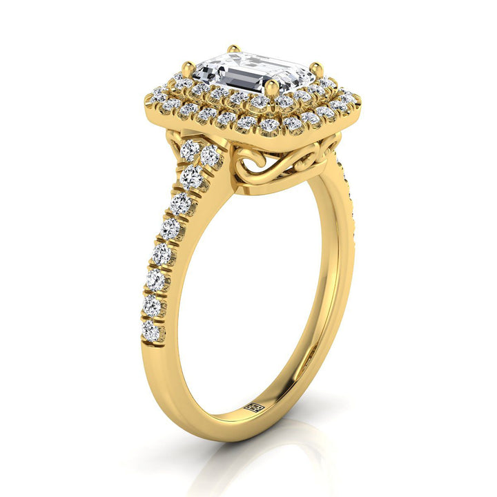 แหวนหมั้นทองคำเหลือง 14K ประดับเพชรทรงสี่เหลี่ยมมรกต พร้อมวงแหวนสองชั้นแบบสกัลลอปและฝังเพชรพาเว่ - 1/2 กะรัตรวม