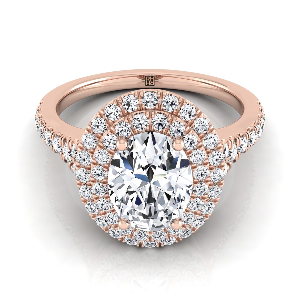 แหวนหมั้นเพชรรูปไข่แบบสองชั้นขอบหยักประดับเพชรแบบปาเว่ทองกุหลาบ 14K - 1/2ctw