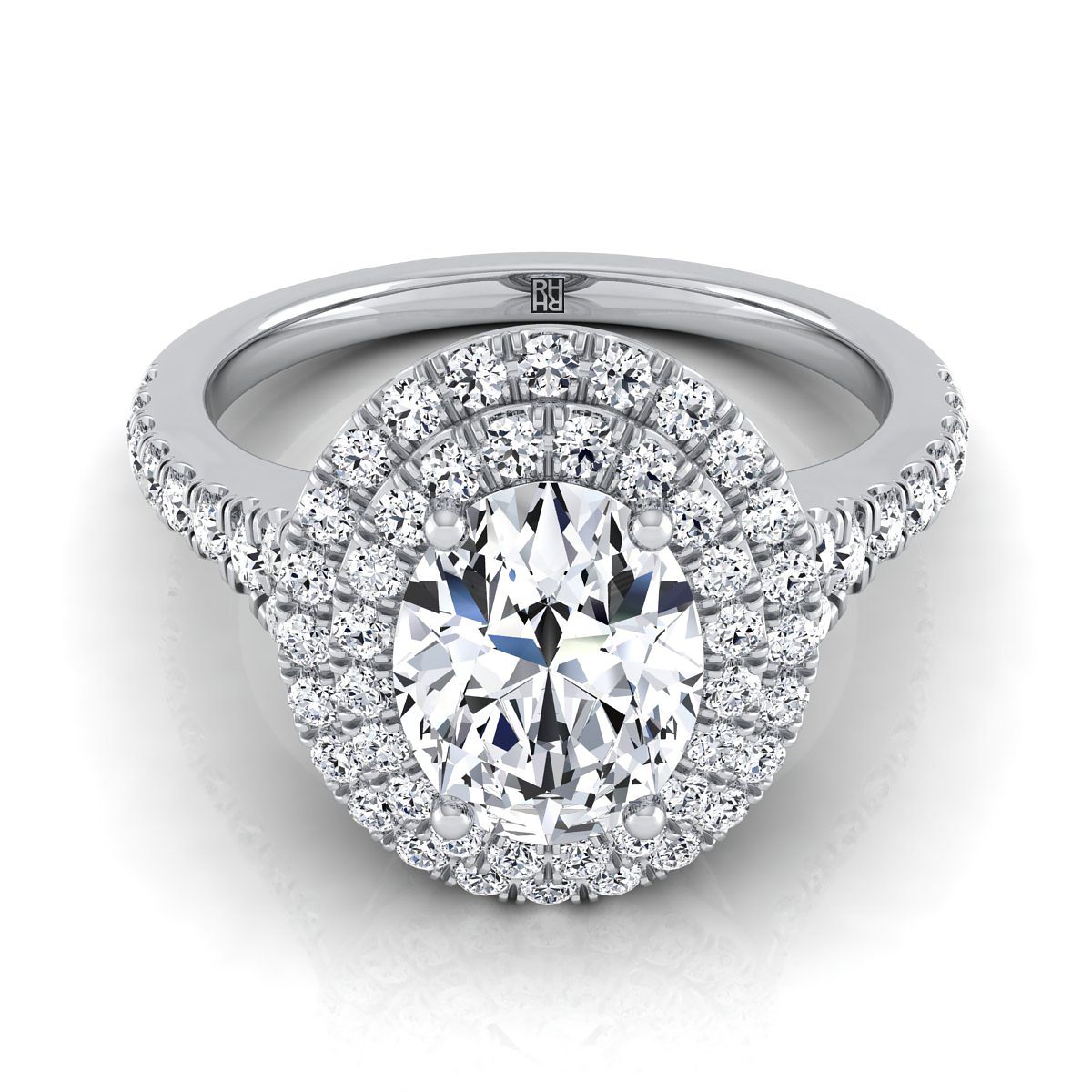 แหวนหมั้นเพชรรูปไข่แบบดับเบิลฮาโลว์สกัลลอปปิดด้วยเพฟจากทองคำขาว 18K - 1/2ctw