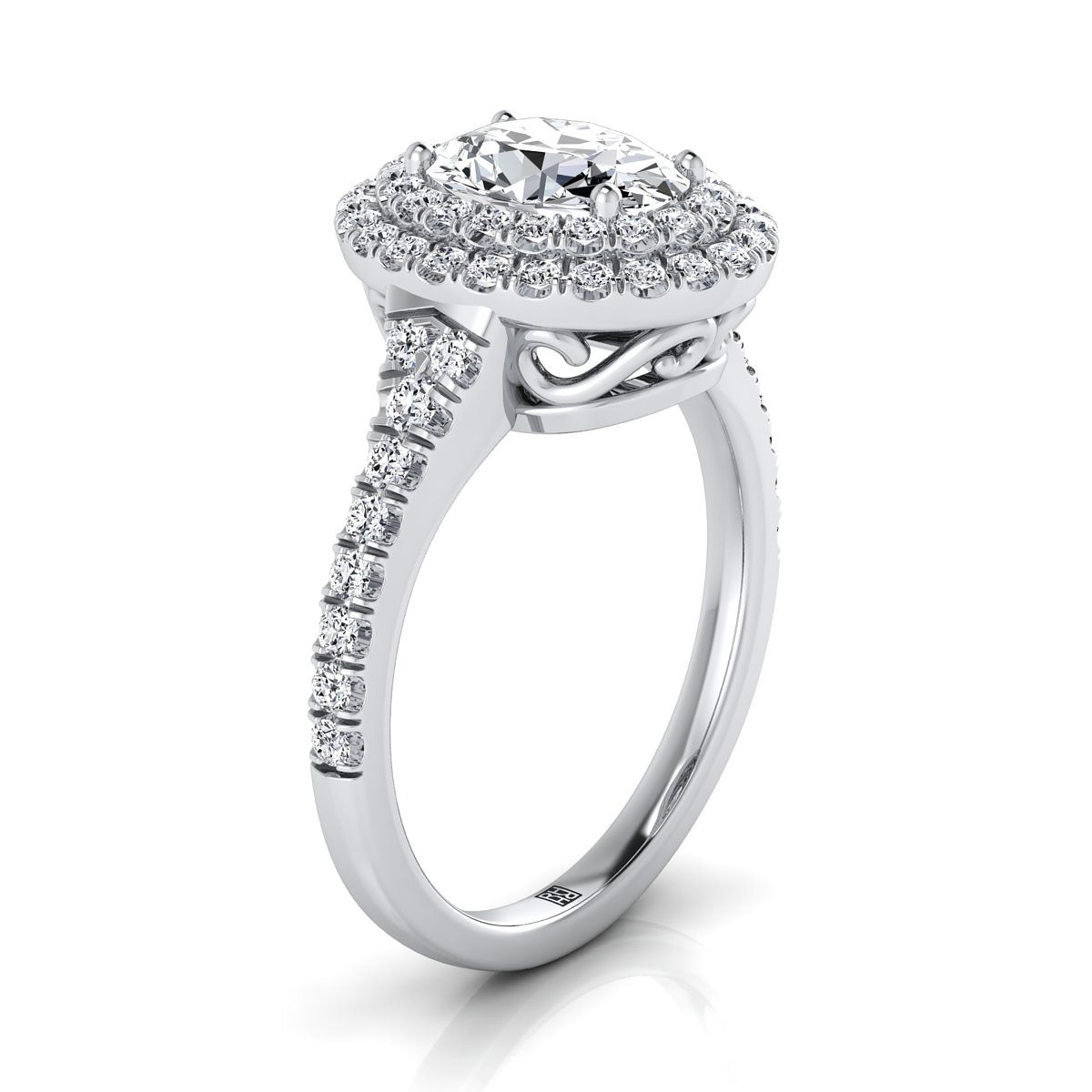 14K White Gold Oval Ruby Double Halo with Scalloped Pavé Diamond Engagement Ring -1/2ctw