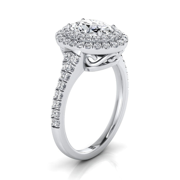 แหวนหมั้นทองคำขาว 14K รูปไข่อเมทิสต์ พร้อมวงแหวนคู่และเพชรปาเว่ลายหยัก - 1/2ctw