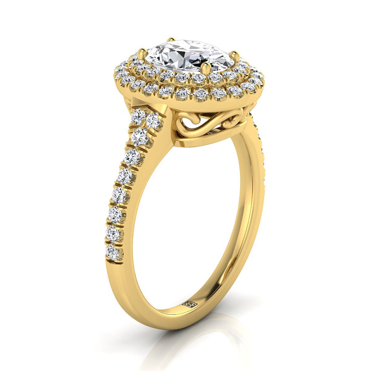 Double Scalloped Pavé Halo Oval, in 18K Yellow Gold, pave setting – side profile | RockHer