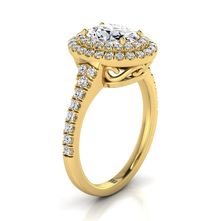 Double Scalloped Pavé Halo Oval, in 18K Yellow Gold, pave setting – side profile | RockHer