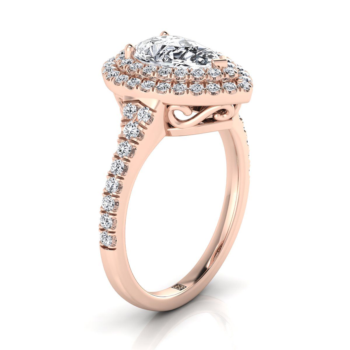 14K Rose Gold Pear Shape Center Diamond Double Halo Scalloped Pavé Engagement Ring -1/2ctw