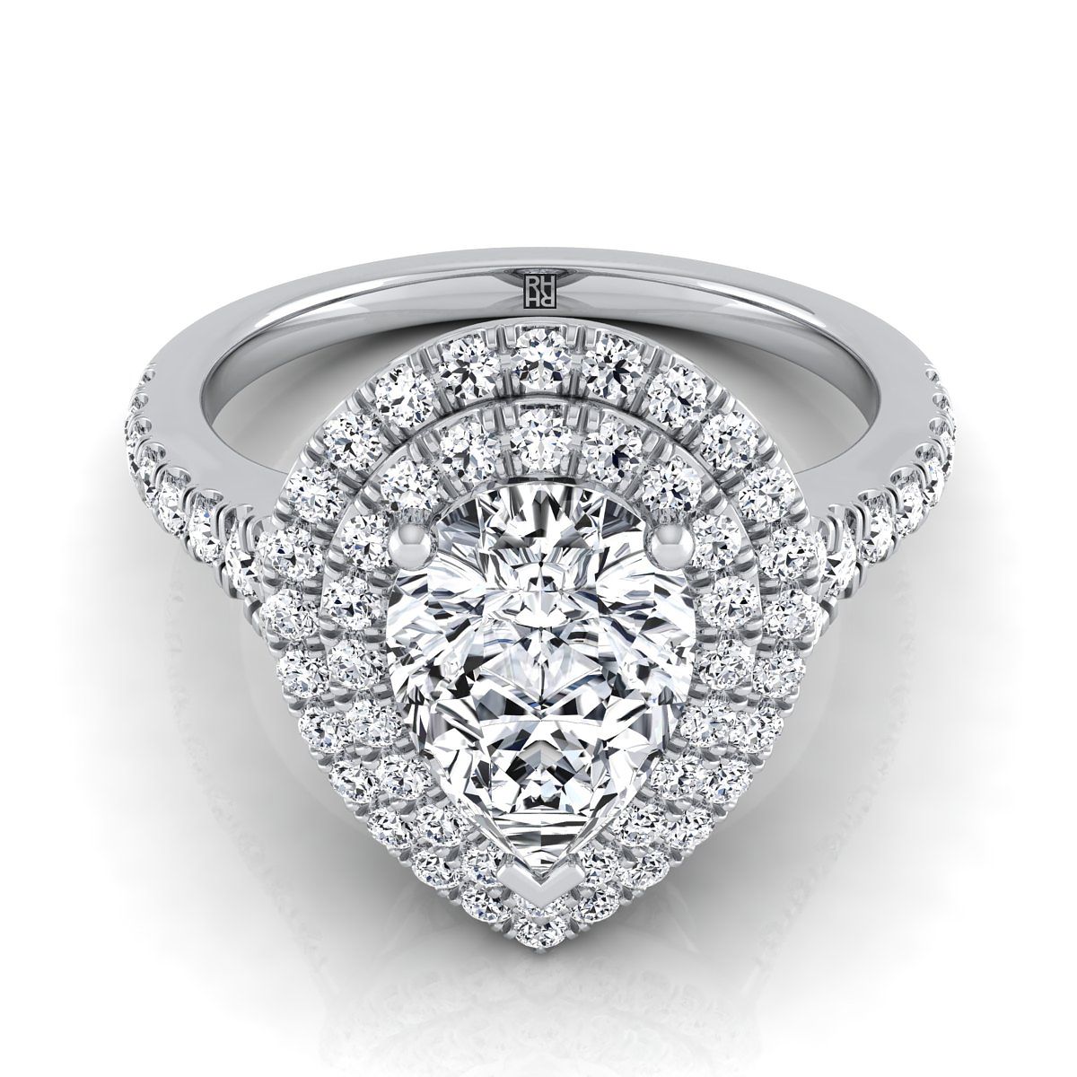 Double Scalloped Pavé Halo Pear Shape, in 18K White Gold, pave setting | RockHer