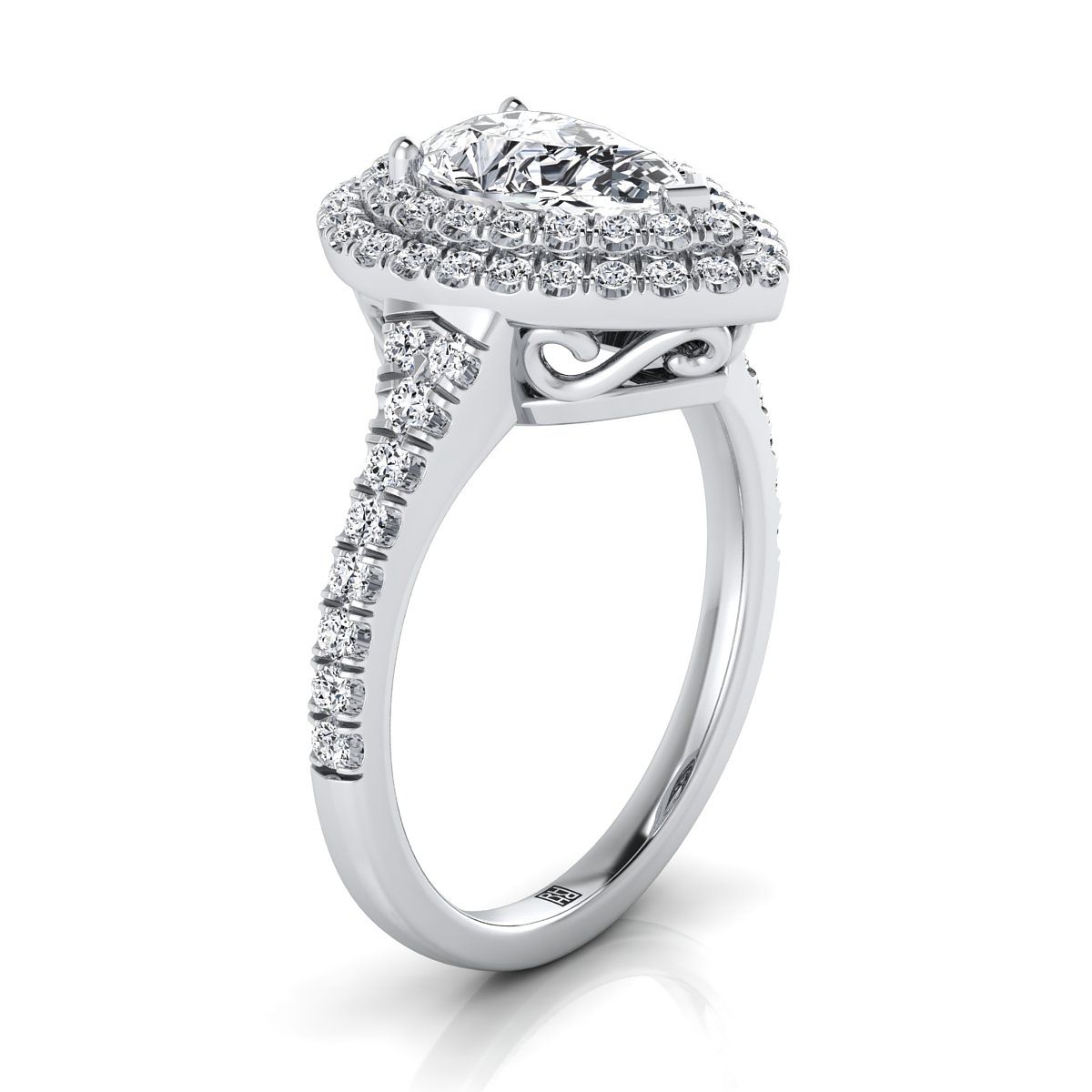 Platinum Pear Shape Center Diamond Double Halo Scalloped Pavé Engagement Ring -1/2ctw
