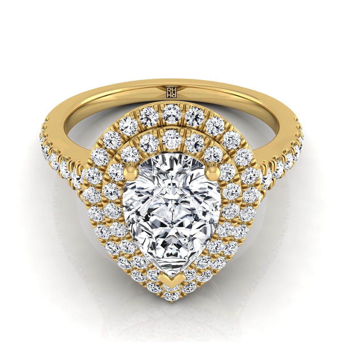 14K Yellow Gold Pear Shape Center Diamond Double Halo Scalloped Pavé Engagement Ring -1/2ctw