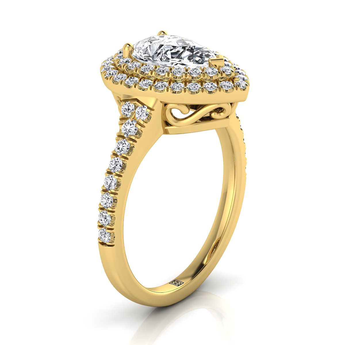 18K Yellow Gold Pear Shape Center Diamond Double Halo Scalloped Pavé Engagement Ring -1/2ctw