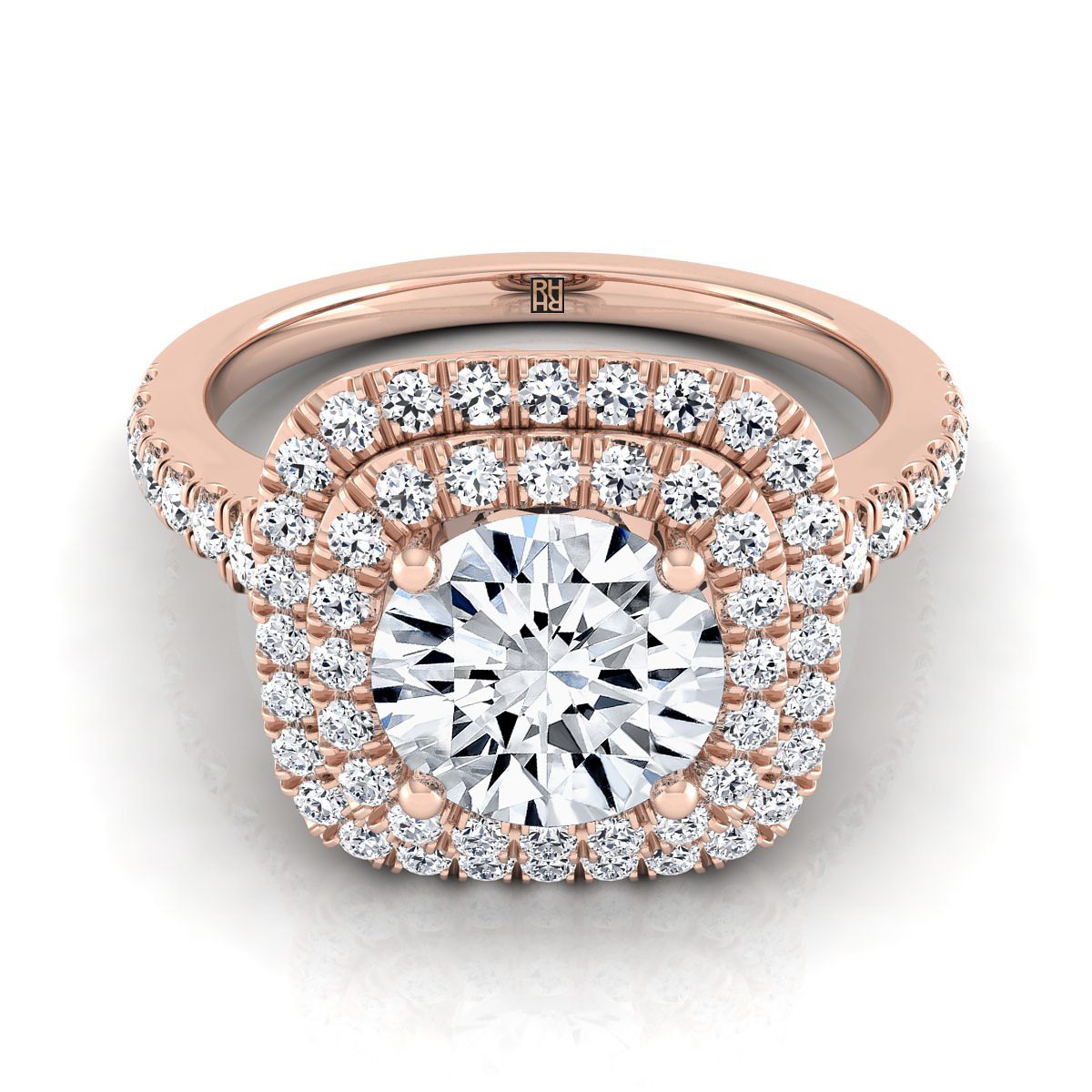 Round Brilliant, Double Scalloped Pavé Halo, in 14K Rose Gold, pave setting | RockHer