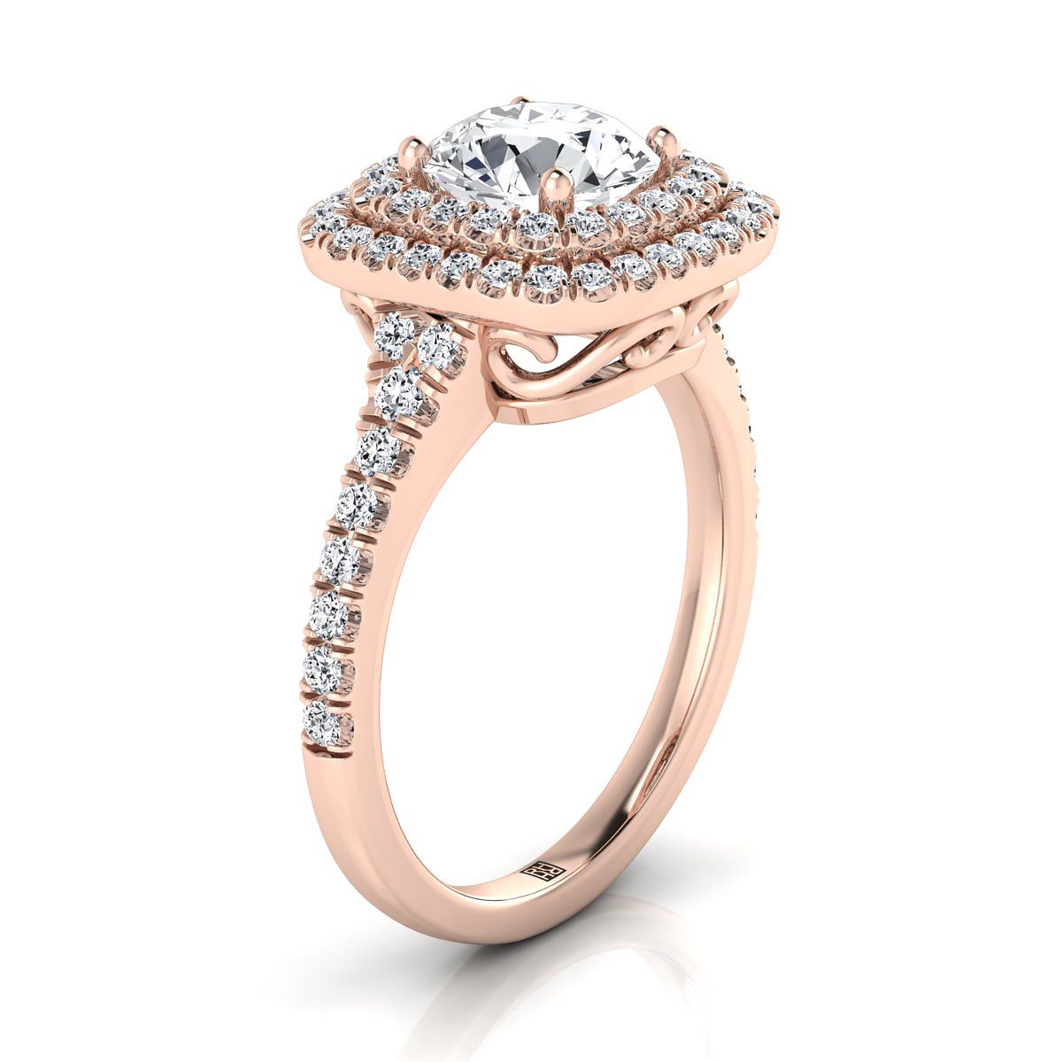 Round Brilliant, Double Scalloped Pavé Halo, in 14K Rose Gold, pave setting – side profile | RockHer