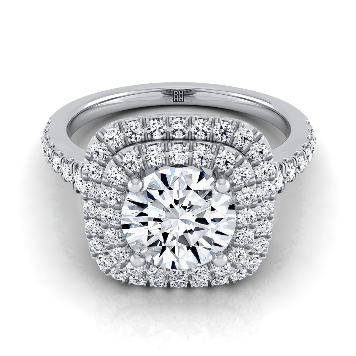 Round Brilliant, Double Scalloped Pavé Halo, in Platinum, pave setting | RockHer