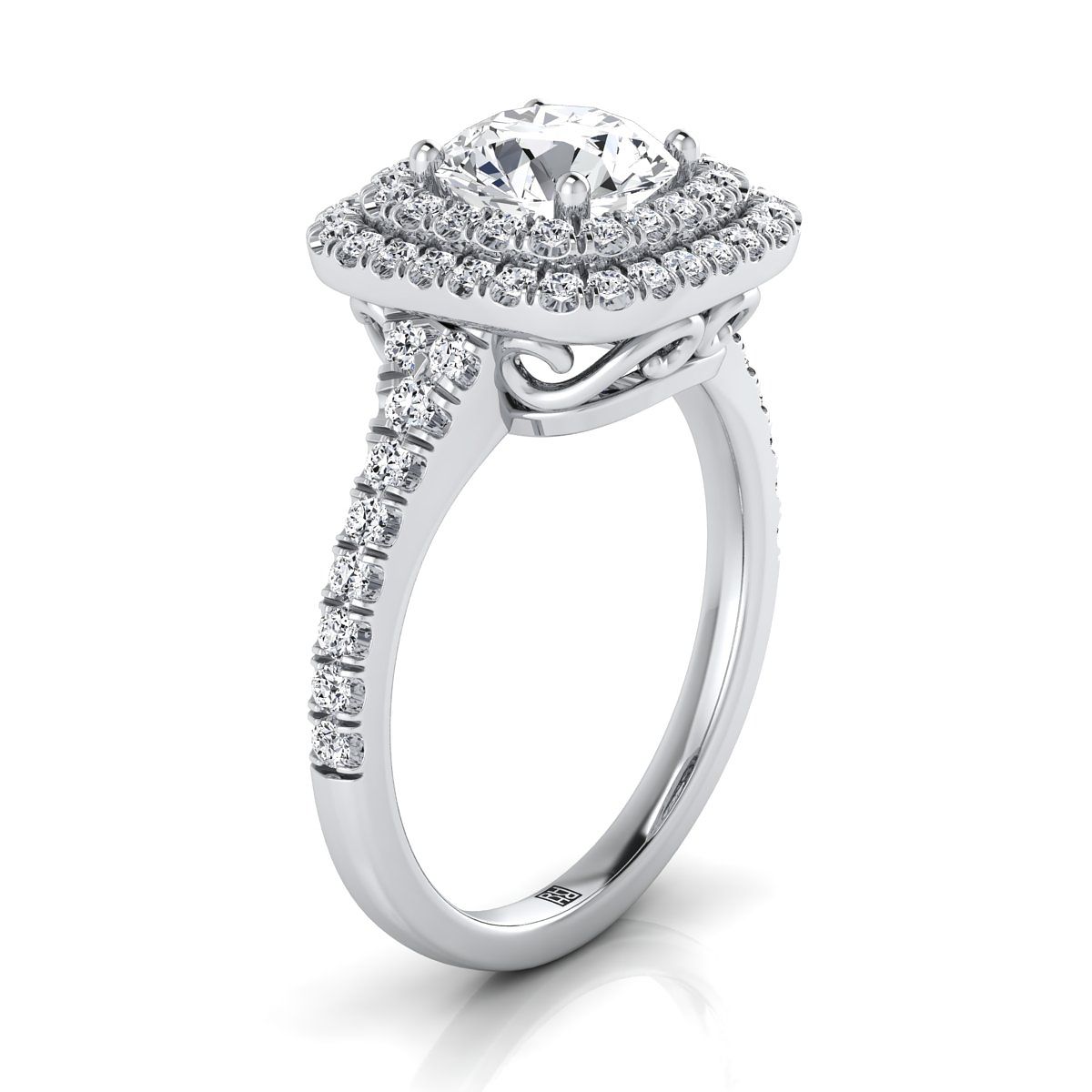 Round Brilliant, Double Scalloped Pavé Halo, in 18K White Gold, pave setting – side profile | RockHer